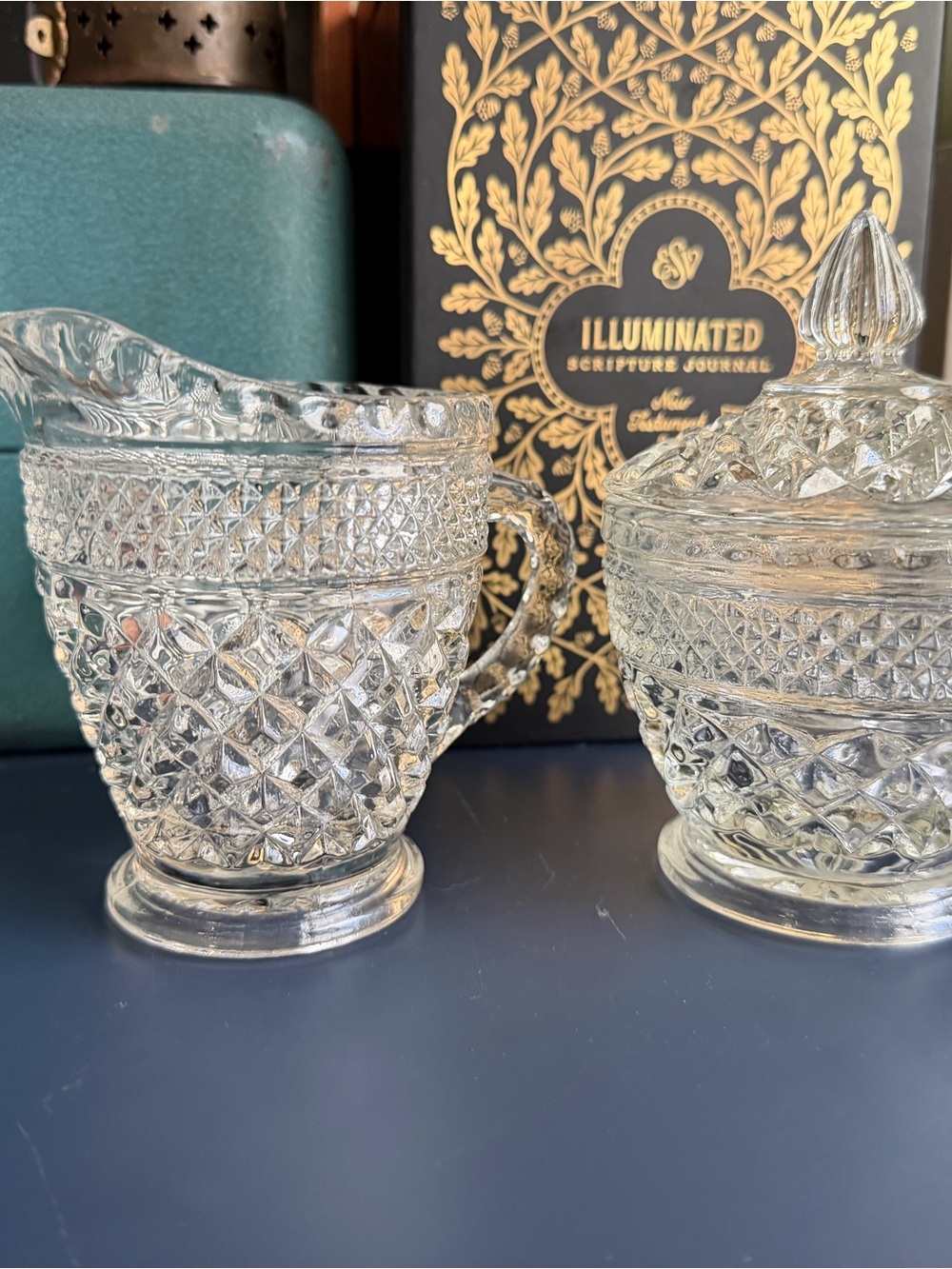 Anchor Hocking Clear Pressed Glass Creamer and Covered Sugar Set